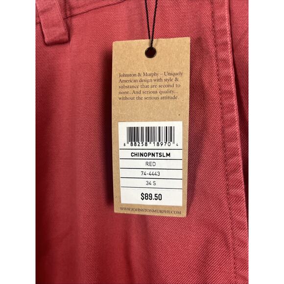 Johnston and Murphy Pants Mens 34x30 Red Classic Chino 5 Pocket Slim Fit NWT - Picture 3 of 8